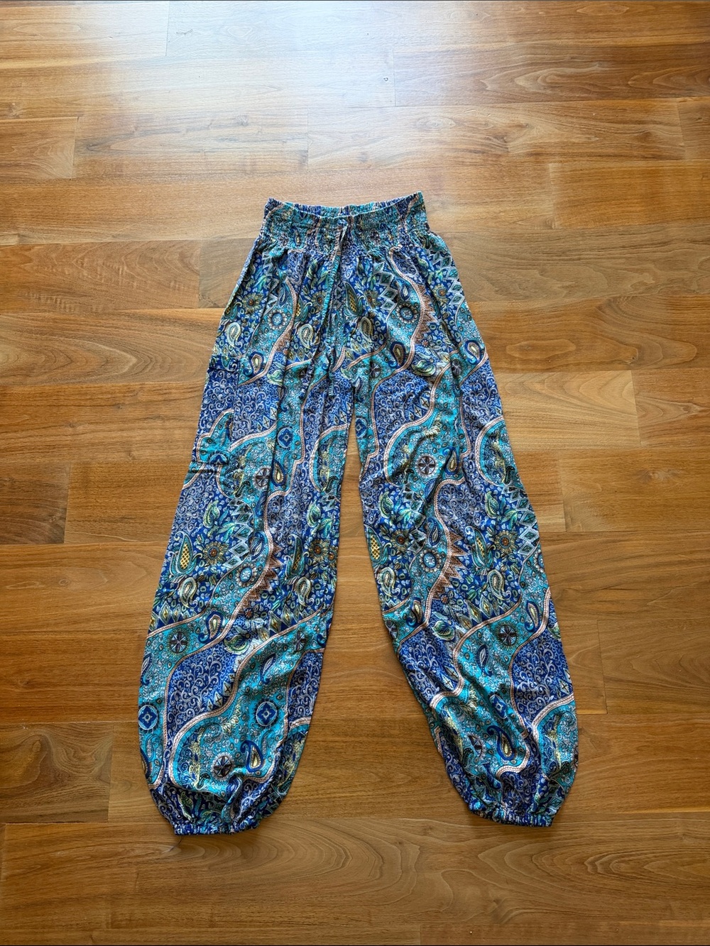 Bohemian Wide-Leg Paisley Harem Pants - Turquoise Blue